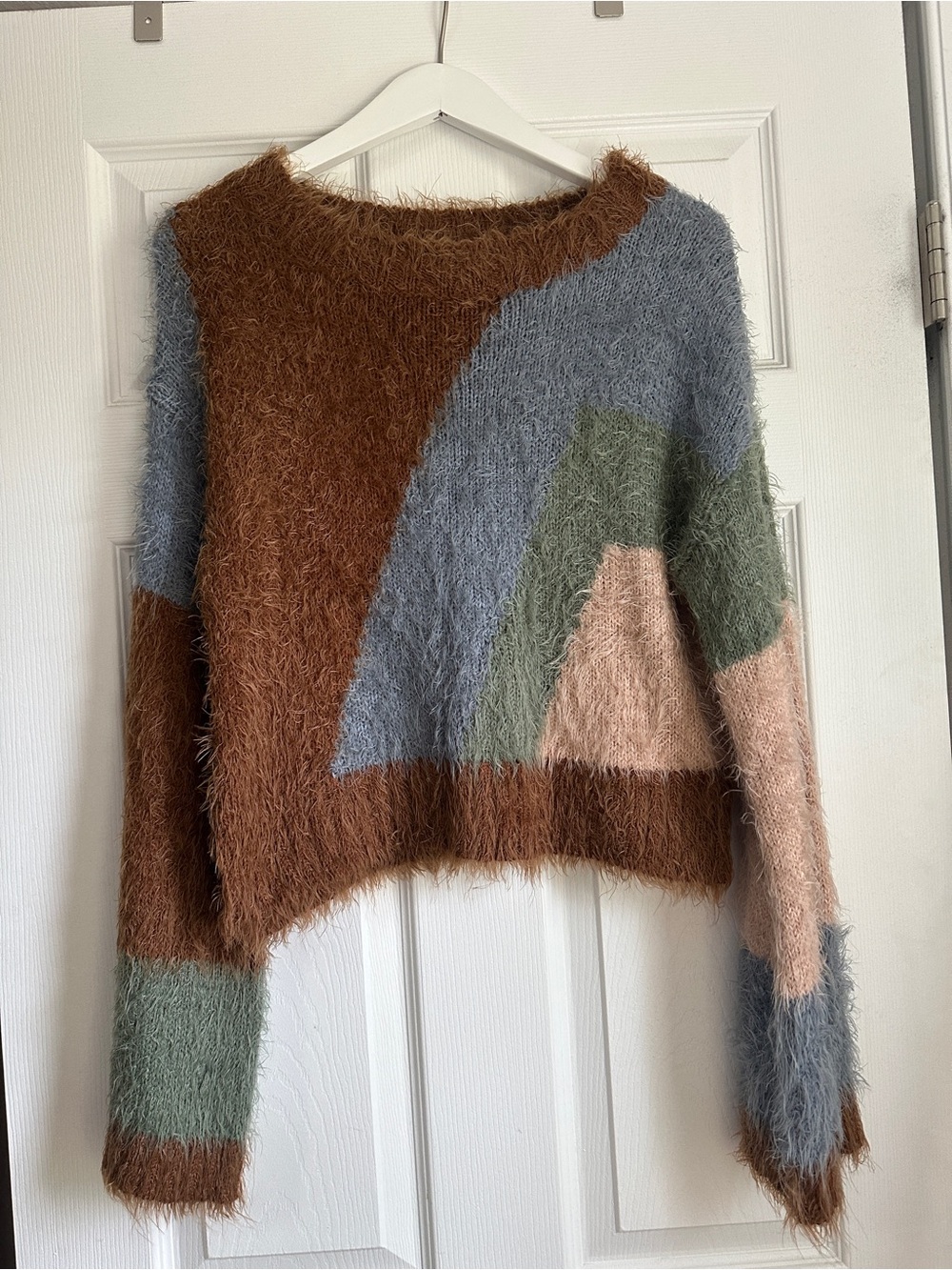 Promesa Fuzzy Colorblock Crewneck Sweater - Brown, Blue, Green, Pink